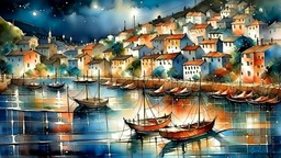 A beautiful night time scene of a coastal fishing village on the Mediterranean, boats on the water, lights reflecting off the water, detailed, complex, high definition, wet on wet watercolor, award winning masterpiece,