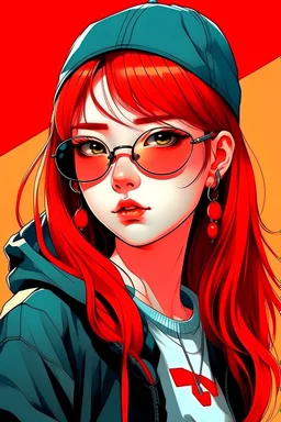 japan teenager girl with red hair wearing a sporty sweatshirt and baseball cap and sunglasses with red lenses, oil painting style, cartoon background, 80's,