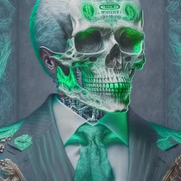 a head and shoulders portrait of a skeleton dressed in a three-piece suit as the president of the united states, based on us currency, united states one dollar bill, shades of green, real-life, colors match the united states one dollar bill, realistic, robotic,