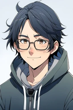 An anime adult man with glasses, fluffy black hair, wearing a hoodie