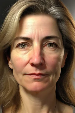 realistic, (44yr old female)without makeup, Caucasian face, studio lighting, cinematic light, beautiful woman, dark blond middle hair, no smile, (head frame), on light background, curiously complete, elegant, close to perfection, dynamic, highly detailed, non-symmetrical body a, detailed natural oily hair and skin texture.