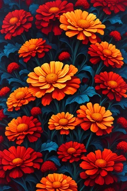 vibrant psychedelic oil painting image, airbrush, 64k, cartoon art image of background red and black Marigold flowers , dystopian