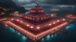 Hyper Realistic Aerial View of few men praying outside a Huge-Beautifully-Crafted-Maroon-Mosque decorated with garland-lights & lamps between an island with ocean-water-waves & mountains around at rainy-night with dramatic-&-cinematic-ambiance