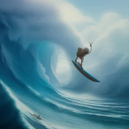 Santa standing of surfboard surfing a big wave, surfboard, beach, character design by cory loftis, fenghua zhong, ryohei hase, ismail inceoglu and ruan jia. unreal engine 5, artistic lighting, highly detailed, photorealistic, fantasy