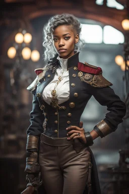 young mulatto girl with snow white wavy hair, dressed as a steampunk naval officer with no hat