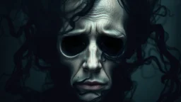 A surreal, painful and symbolic portrait of a human being slowly consumed by living darkness. Pale human skin, hollow face with empty black eyes, expression of painful realization. The darkness is not just shadow but a living entity emerging from the mind itself, abstract shapes and impossible forms rising like smoke from the depths of the subconscious. The shadows crawl across the face and body, devouring identity.