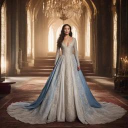 [game of thrones, 40 years old] In the grand throne room of Castle Evermoor, Lady Genevieve embodies grace and elegance, her poise matching that of her husband. Her flowing gown of rich fabric accentuates her beauty, and her eyes sparkle with a mix of intelligence and a gentle warmth that belies her strength. Though she may not hold a position of formal power, her insights and counsel are highly valued by Baron Cedric.