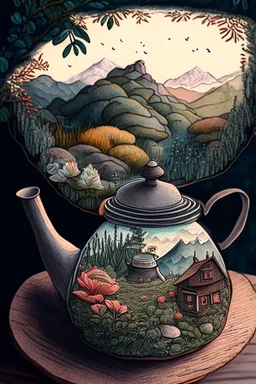 Cozy vibes drawing art tea pot, garden inside tea pot with Appalachia in the background