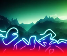 3d rendering. Abstract surreal background with rocky mountains, smoky clouds and glowing neon musical notes symbol. Panoramic spiritual wallpaper