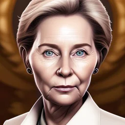 Ursula von der Leyen, Pixar Studio animation style, big circular reflective eyes, unreal engine cinematic smooth, intricate detail, portrait of a politician, caricature