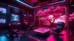 Cyberpunk VR room. Detailed. Rendered in Unity. Japanese elements. Black and red lighting. Holograms. add a sakura tree into the room. Add two VR machines and two chairs with VR goggles
