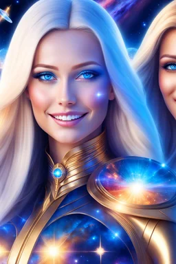 cosmic woman smile, admiral from the future, one fine whole face, crystalline skin, expressive blue eyes,rainbow, smiling lips, very nice smile, costume pleiadian, Beautiful tall woman pleiadian Galactic commander, ship, perfect datailed golden galactic suit, high rank, long blond hair, hand whit five perfect detailed finger, amazing big blue eyes, smilling mouth, high drfinition lips, cosmic happiness, bright colors, blue, pink, gold, jewels, realist, high commander