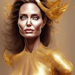 centered, Realist, hyper detailed, head and shoulders portrait, celebrities angelina jolie, golden dress athena god