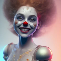 Ultra detailed very beautiful smileing cute clown girl,beautiful real skin, red nose, shallow of dept 3d, symmetrical, ultra detailed curl hair, ambient lighting, ultra detailed face, concept art, circus,party, digital painting, octane render,quixel megascans, depth of field (or dof),film photography, dslr, cinema4d, studio quality art by artstation