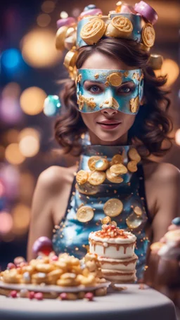 portrait of cute woman muzzled with a cake mask filled with shiny goodies, baker of the highest advanced art cake sculpture during a casino game show, bokeh like f/0.8, tilt-shift lens 8k, high detail, smooth render, down-light, unreal engine, prize winning