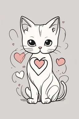 A clean line drawing of a cute cat playing with a heart just an outline of it