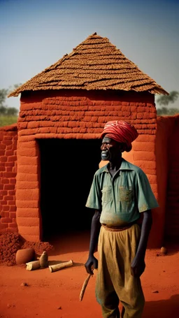 Sudanese man farming, brick house on farm