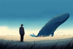 Graphic novel style, a man, a whale and a small flower, arid desert, fog background, 16K, warm and blue tone