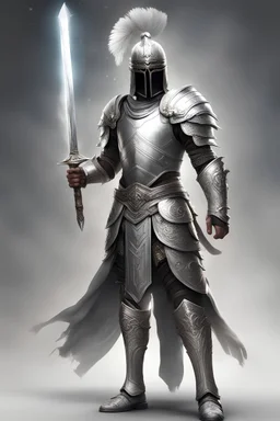 A male human warrior that wear a silver set of armour and, a silver Greek helmet and holding a longsword on his hand. He also has a White aura coming from his armour