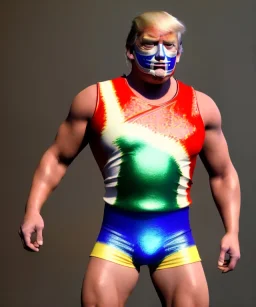 Realistic image of Donald trump wrestler, Mexican wrestling style, Mexican wrestling mask, red and blue breeches, glow us flag dress, suspenders, retro style, 80s, vibrant color, highly detailed, clean background, concept art, unreal engine 5, god rays, ray tracing, RTX, lumen lighting, ultra detail, volumetric lighting, 3d, finely drawn, high definition, high resolution.