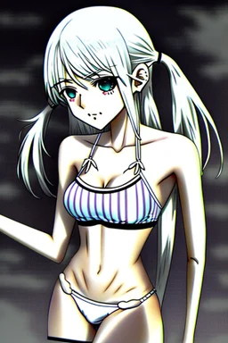 slim girl in bikini with blonde hair and two pigtails, manga style, cool pose, greyscale