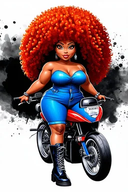 abstract art illustration of the chibi cartoon character, a voluptuous black female in a blue jean outfit with biker boots. Her prominent makeup and hazel eyes, along with her detailed red curly tight afro, are featured in this image, set against the background of a lively bike show. ink wash