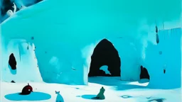 A cyan cold snowfield with a cave painted by Joan Miró