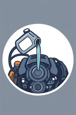 inside a rounded shield shape, a car engine icon with a 1litre oil bottle above pouring oil into oil hole of the engine, vector illustration