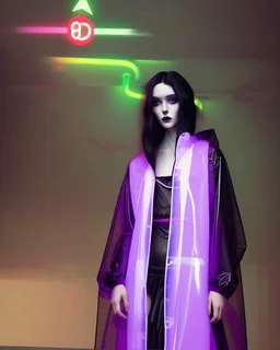 painting by koson ohara and marta bevacqua, portrait of a beautiful goth woman with long black hair, wearing a plastic raincoat, purple neon lighting, 8k, high quality, highly detailed