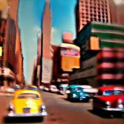 Picture 1950's street life, people, New York, very blurry, abstractism, colours, strong texture, 3d, chaotic