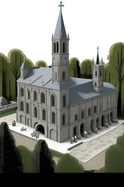 A gray monastery made out if steel painted by Georges Seurat