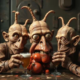 The oddest coagulation and mixture of some beings, glossy finish, dine, details very accentuated, stunning style, oniric, Max Ernst, hyperphotography, 3d strong, blatant, gross, caricature, very funny, rusty, beer, macho