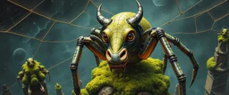 the weird face smart human nerd of a cyberpunk dragon spider cult robot with charm in web from mossy tower, master oil painting by Rembrandt and Escher, moss covered space station, brightened edges to give a sense of depth, cow in web