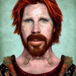 Portrait of Courtney Gains as a ruggedly handsome but joyful roguish pirate, charismatic, attractive male, masculine, perfect, precisely detailed, lightly freckled face, meticulously detailed multi-hued ginger carrot colored cherry fire red hair; Malachai of the corn; fantasy, intricate, elegant, highly detailed, digital painting, artstation, concept art, matte, sharp focus, illustration, art by artgerm and greg rutkowski and alphonse mucha