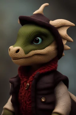 Side portrait of a cute baby dragon wearing a short jacket and a small wool hat