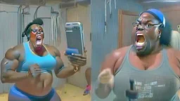 T-bone who is in his own basement working out is yelling at dumb ass black lady who's smashing her phone