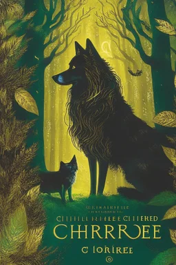 book cover, In the heart of a dense and enigmatic forest with towering ancient trees cloaked in emerald, yellow and amber foliage stood a witch possessing an ethereal allure her lustrous hair cascading in ebony waves down to her slender waist In the background a majestic canine of Belgian shepherd lineage roamed its eyes illuminated by an otherworldly crimson