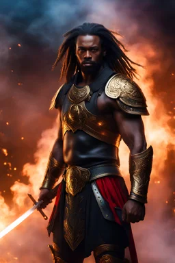 wabstyle, Ultra-High-Definition, 8k, UHD, HDR, glowing, ultra fine and beautiful black man warrior, long glowing hair, smoke, blur, (full body photo of a cosmic warrior), (with burning red eyes: 0.9), (golden metal armor), (fog,:1.2), (mist:1.3), ((cosmic background)), ((big golden wings))