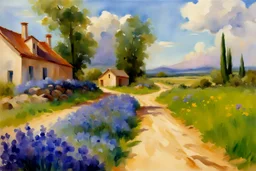 Sunny day, clouds, dirt road, flowers, mountains, big rocks, trees, sci-fi, john singer sargent watercolor paintings