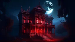 An eerie digital art piece showing the abandoned mansion bathed in the crimson light of the bloody moon. The pixelated details add a modern twist to the spooky scene, creating a sense of unease
