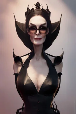 Carmen Dell`orifice as evil queen in black leather, leather, busty, cleavage, angry, stern look. character design by cory loftis, fenghua zhong, ryohei hase, ismail inceoglu and ruan jia. unreal engine 5, artistic lighting, highly detailed, photorealistic, fantasy