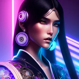 Rosalía, Cyborg anime samurai, cyberpunk, light black hair, pixie hairstyle, cobalt eyes, waist up portrait, 8k resolution, retroanime, intricate details, neon details, soft lighting, vibrant colors, masterpiece, intricate eyeliner, dark eyeshadow, eyes, intricate tattoos, gradient background