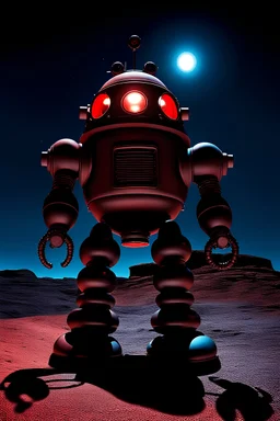 A dynamic and detailed shot of a Robby the Robot from forbidden planet, walking near a blue and red sandstone bluff at night, dark shadows spotlights, shot with a film camera and wide angle lens, shot from a low position to add fear
