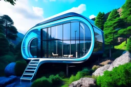 Photo of a futuristic cabin with a building shape inspired by the infinity symbol in plan and the x cross in elevation. Glass facades are interspersed between the curved walls, which become steps to climb to the roof, where there is a terrace. There is a driveway with a luxury jeep parked that is on the same elevation plane as the roof, with a path leading down to the building on the side of the hill. It has a biomimetic design, carbon neutral and zero energy. There are hikers in the distance an