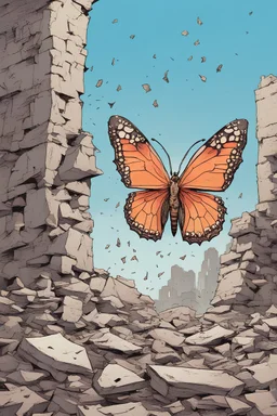 A very small butterfly with tattered wings flies by in the midst of crumbling ruins, comic book style