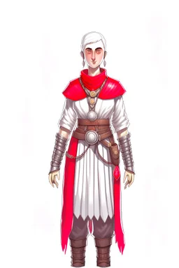 full length, tall, gangly, 22-year old, short haired, nordic looking grey-eyed female human cleric with a red beaded necklace, wearing scale mail