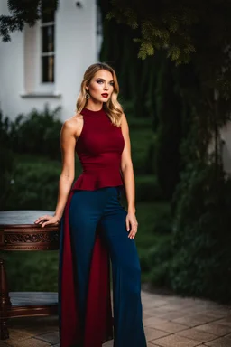 fullbody shot of young-beautiful-german girl-with-a-perfect-face-with-make-up-wearing- blue top and dark red pants standing , prophesional photography studio