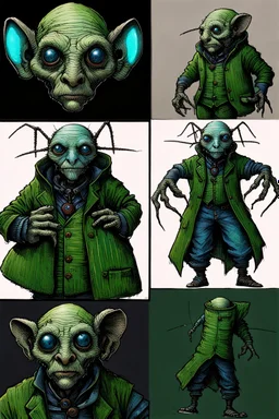 Artist Jean-Baptiste Monge style. A old biomorph male humanoid with Ant face. Bright eyes. A green and blue striped outfit. Modifiers: Tim Burton Craig Rutkowski Modifiers: neon glowing Iridescent black ink