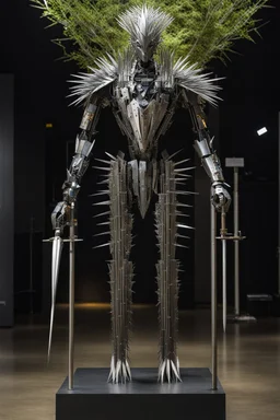 A humanoid being made entirely of sharpened metal blades and spikes stands before a mechanical tree. Photograph.