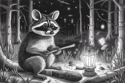 At dusk a curious raccoon explores the forest. Tiptoeing into human campsites, intrigued by artifacts they found.- Pencil drawing, realistic, graphite